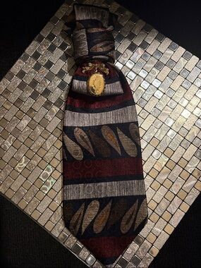 Striped Burgundy & Navy Necktie with Gold Picture Locket